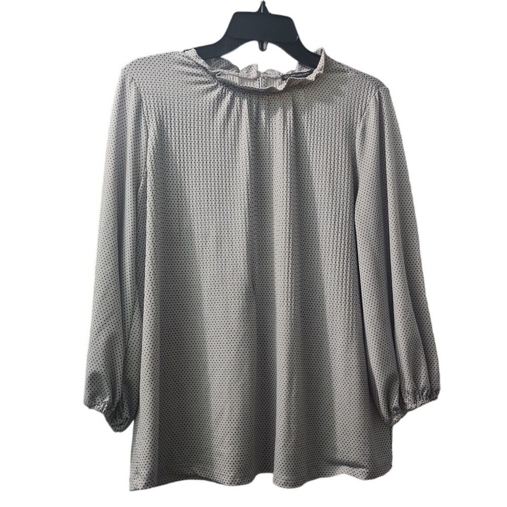 Adrianna Papell Ruffle Neck Long Sleeve Blouse Polka Dot Print Career Casual Top